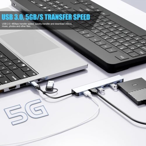 Aluminum 7 in 1 USB C/USB Hub, 2* USB C and 5* USB, USB 3.0 and USB 2.0 Ports, Ultra Slim Portable USB Splitter Adapter