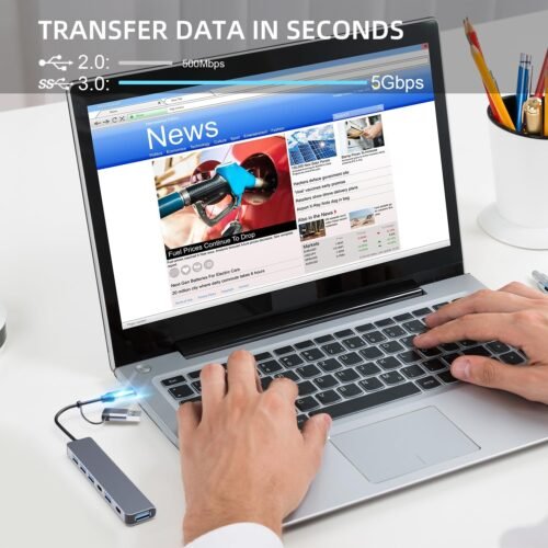 Aluminum 7 in 1 USB C/USB Hub, 2* USB C and 5* USB, USB 3.0 and USB 2.0 Ports, Ultra Slim Portable USB Splitter Adapter