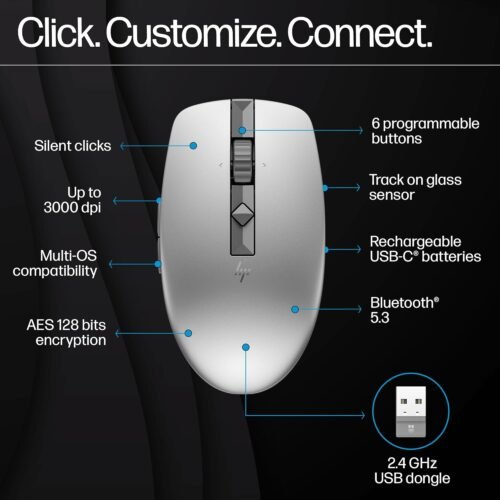 HP 710 Wireless Mouse, Rechargeable, Wireless, Silent, Bluetooth Mouse