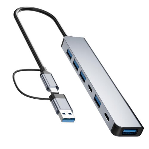Aluminum 7 in 1 USB C/USB Hub, 2* USB C and 5* USB, USB 3.0 and USB 2.0 Ports, Ultra Slim Portable USB Splitter Adapter