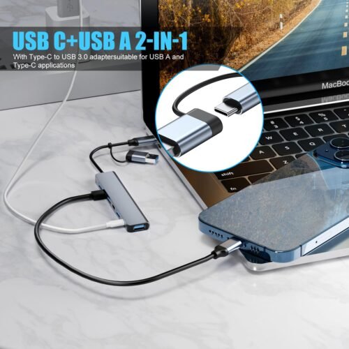 Aluminum 7 in 1 USB C/USB Hub, 2* USB C and 5* USB, USB 3.0 and USB 2.0 Ports, Ultra Slim Portable USB Splitter Adapter