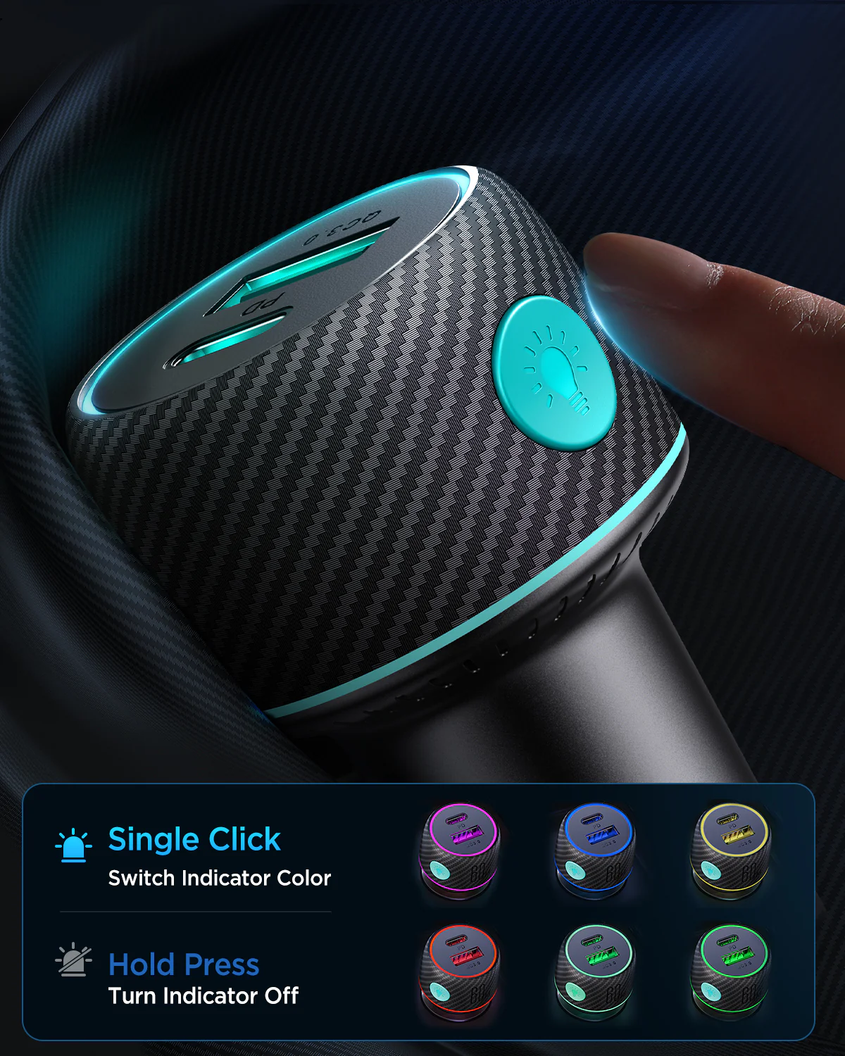 JOYROOM JR-CCN01 60W 1A+1C Multi-Color Car Charger with Light Button