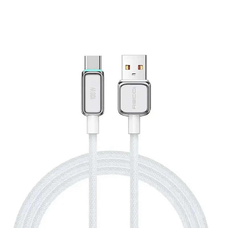 Recci RS42C USB to Type-C- 100W - 150CM كابل شحن طويل 1 اشتري كابل Recci RS42C USB to Type-C الأصلي بقوة 100W وطول 150 سم. شحن فائق السرعة، خامة قوية مضفرة، وإضاءة LED. الحل المثالي للموبايل واللابتوب في مصر.