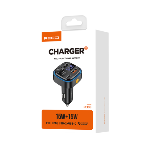 Recci RQ08 Car Charger QC 15W 2 USB + 1 Type-C + FM Transmitter شاحن موبايل سيارة