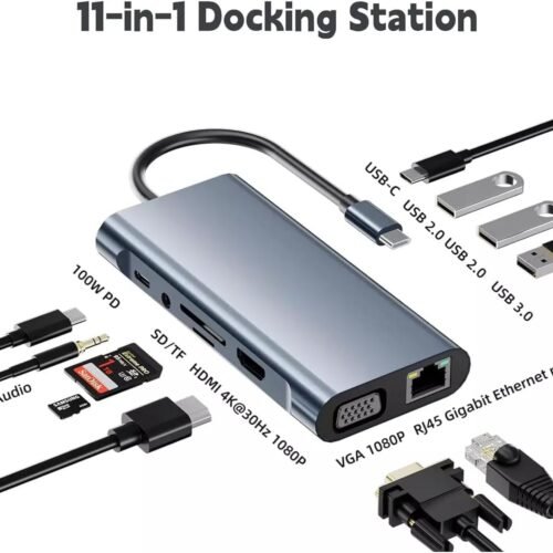 Type-C Hub 11x1 4K HDMI VGA 100W PD Charging USB 3.0 RJ45 Ethernet SD/TF Card Reader & 3.5mm AUX Multiport Adapter هب تايب سي ١١ في ١