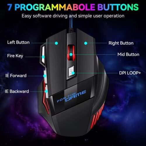 Jedel GM611 USB Wired Gaming Mouse 7 Buttons 3200 Adjustable DPI RGB Gaming Braided Cord 1.5M ماوس جيمينج ٣٢٠٠ dpi