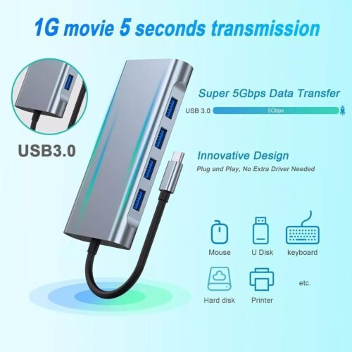 Type-C Hub 11x1 4K HDMI VGA 100W PD Charging USB 3.0 RJ45 Ethernet SD/TF Card Reader & 3.5mm AUX Multiport Adapter هب تايب سي ١١ في ١