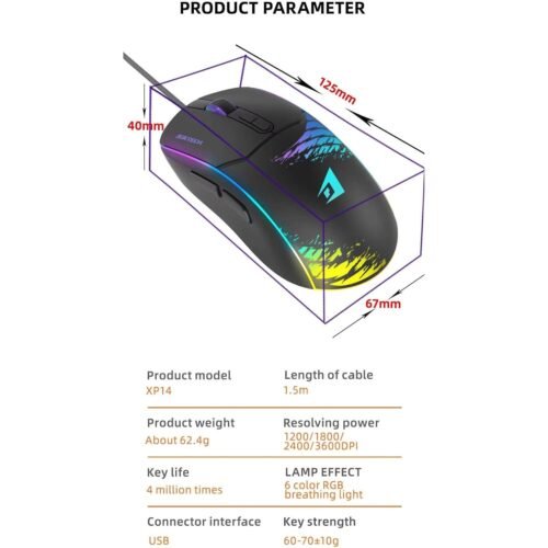 Jertech SHOOTER XP14 RGB Gaming Mouse, Optical Sensor 3600 DPI, 125 Hz Polling Rate, Braided Cable  ماوس جيمينج ٣٦٠٠ DPI