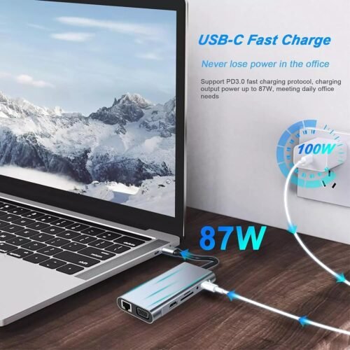 Type-C Hub 11x1 4K HDMI VGA 100W PD Charging USB 3.0 RJ45 Ethernet SD/TF Card Reader & 3.5mm AUX Multiport Adapter هب تايب سي ١١ في ١