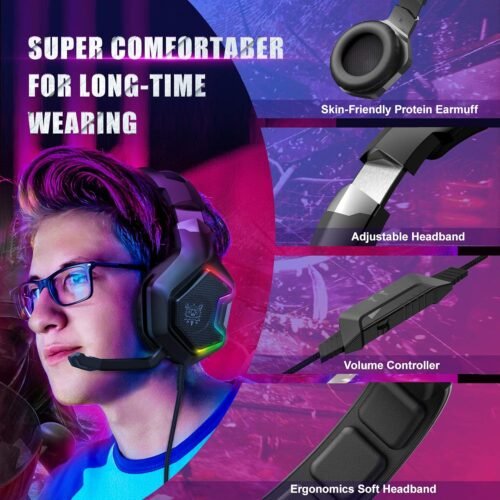 ONIKUMa K10 PRO Gaming Headset with Surround Sound Pro Noise Canceling Gaming Headphones with Mic & RGB Black هيدفون جيمنج RGB