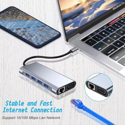 Type-C Hub 11x1 4K HDMI VGA 100W PD Charging USB 3.0 RJ45 Ethernet SD/TF Card Reader & 3.5mm AUX Multiport Adapter هب تايب سي ١١ في ١