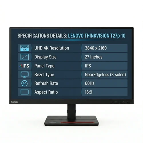AttributeSpecification DetailsBrandLenovoModelThinkVision T27p-10Display Size27 InchesPanel TypeIPS (In-Plane Switching)ResolutionUHD 4K ($3840 \times 2160$)Aspect Ratio16:9Bezel TypeNearEdgeless Frameless Design (3-sided)Refresh Rate60Hz