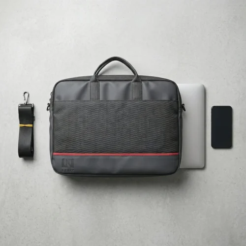 LENZ Laptop Bag 15.6 Lightweight Laptop Shoulder Multi-function Waterproof Leather Handbag Black/Silver شنطة يد لابتوب