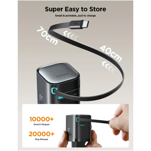 JOYROOM JR-TCL02 GaN 65W Charger with Retractable Cable شاحن جويروم ٦٥ واط مع كابل قابل للسحب