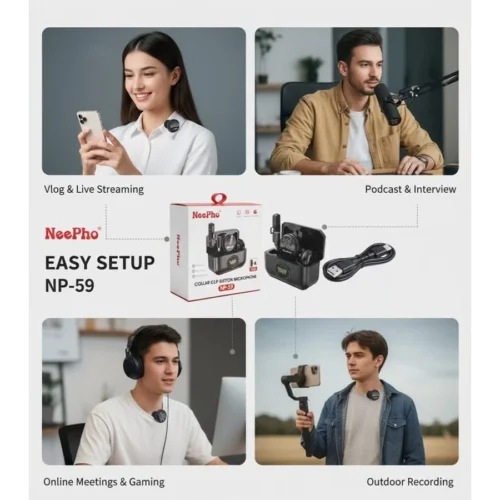 NeePho NP-59 Wireless Lavalier Microphone Collar Clip , Portable Button Mic with Noise Reduction مايك وايرلس بكليب للتعليق اثناء التسجيل