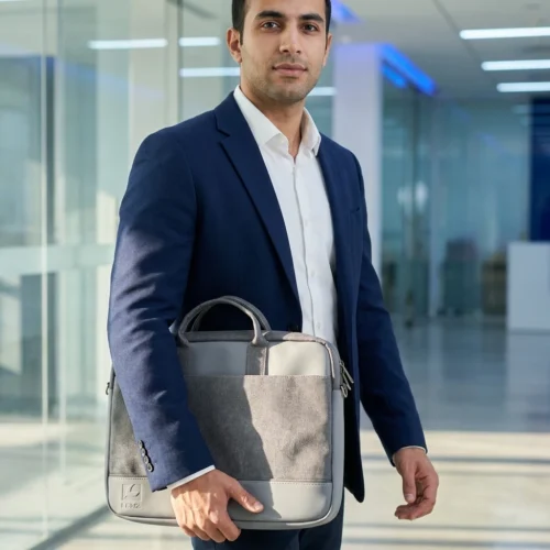 LENZ Laptop Bag 15.6 Lightweight Laptop Shoulder Multi-function Waterproof Leather Handbag Black/Silver شنطة يد لابتوب