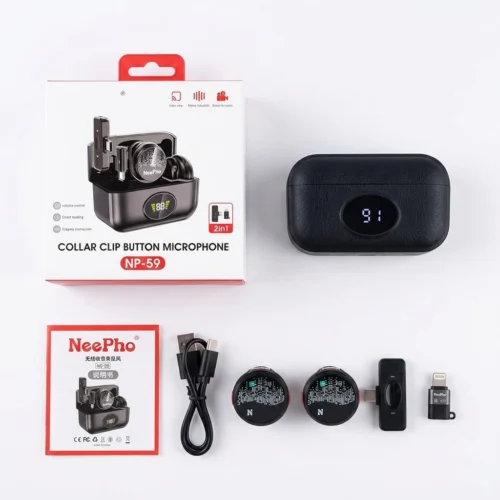 NeePho NP-59 Wireless Lavalier Microphone Collar Clip , Portable Button Mic with Noise Reduction مايك وايرلس بكليب للتعليق اثناء التسجيل