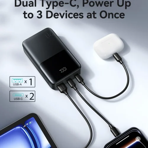 Joyroom JR-QP192 mini Power Bank 2x Type-C + USB-A 22.5W Fast Charging 20000mAh - Black باوربنك جويروم ٢٠٠٠٠ مللي أمبير
