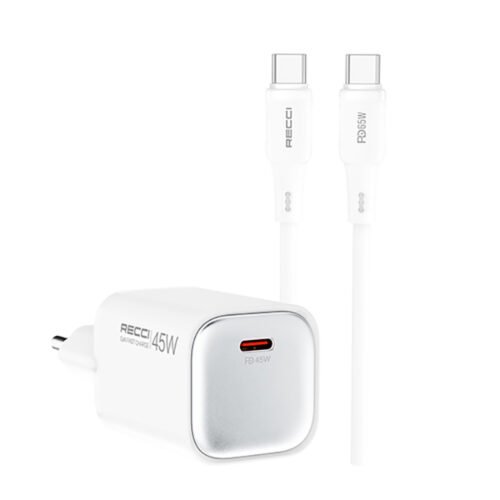 Recci RC132E 45W USB-C GaN Fast Charger KIT | Type-C to Type-C | 45W PD Output | 100cm Silicone Cable شاحن ٤٥ واط مع كابل شاحن تايب سي