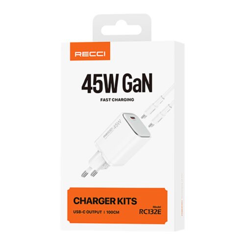 Recci RC132E 45W USB-C GaN Fast Charger KIT | Type-C to Type-C | 45W PD Output | 100cm Silicone Cable شاحن ٤٥ واط مع كابل شاحن تايب سي