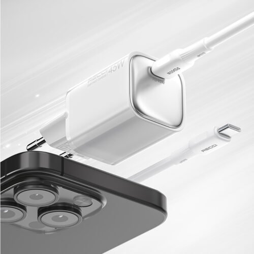 Recci RC132E 45W USB-C GaN Fast Charger KIT | Type-C to Type-C | 45W PD Output | 100cm Silicone Cable شاحن ٤٥ واط مع كابل شاحن تايب سي