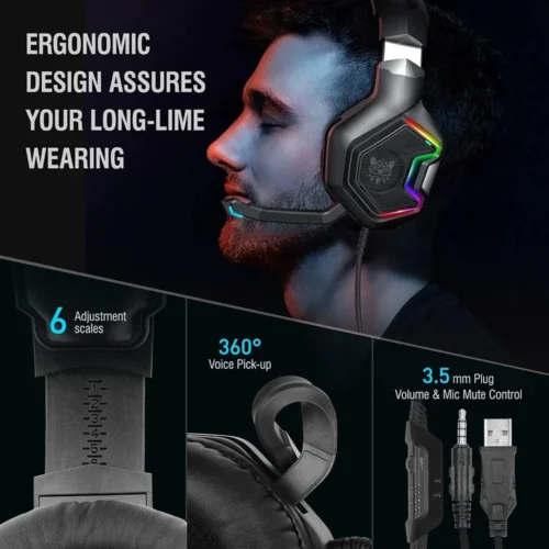 ONIKUMa K10 PRO Gaming Headset with Surround Sound Pro Noise Canceling Gaming Headphones with Mic & RGB Black هيدفون جيمنج RGB