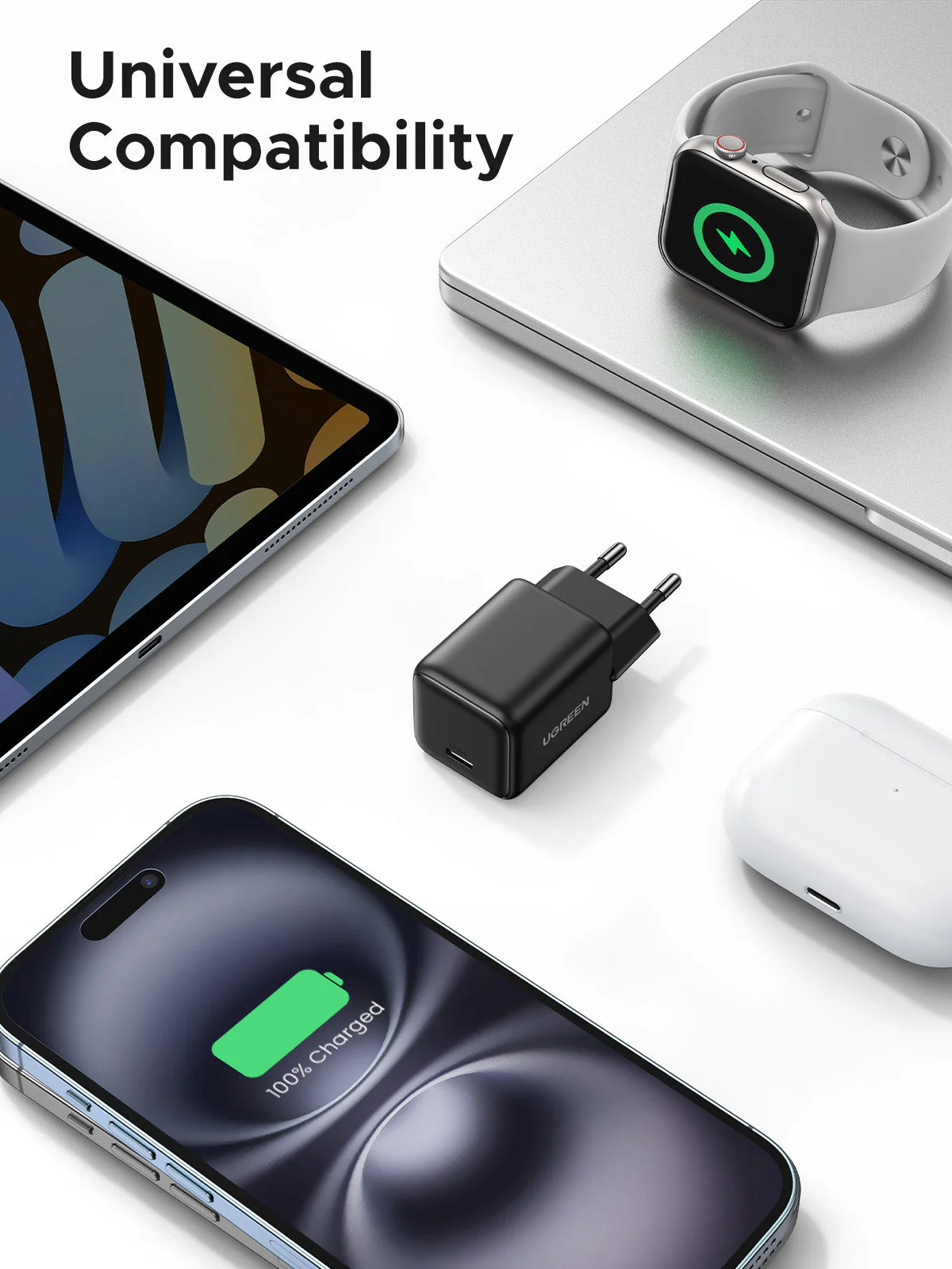 UGREEN X512 Charger USB-C GaN Fast 20W white شاحن بتقنية gan بقوة ٢٠ واط 3 اشترِ شاحن يوجرين UGREEN X512 GaN بقوة 20 واط بمصر. شاحن تايب سي مدمج مع كابل 1 متر لحماية بطارية الآيفون والأندرويد بأفضل سعر.