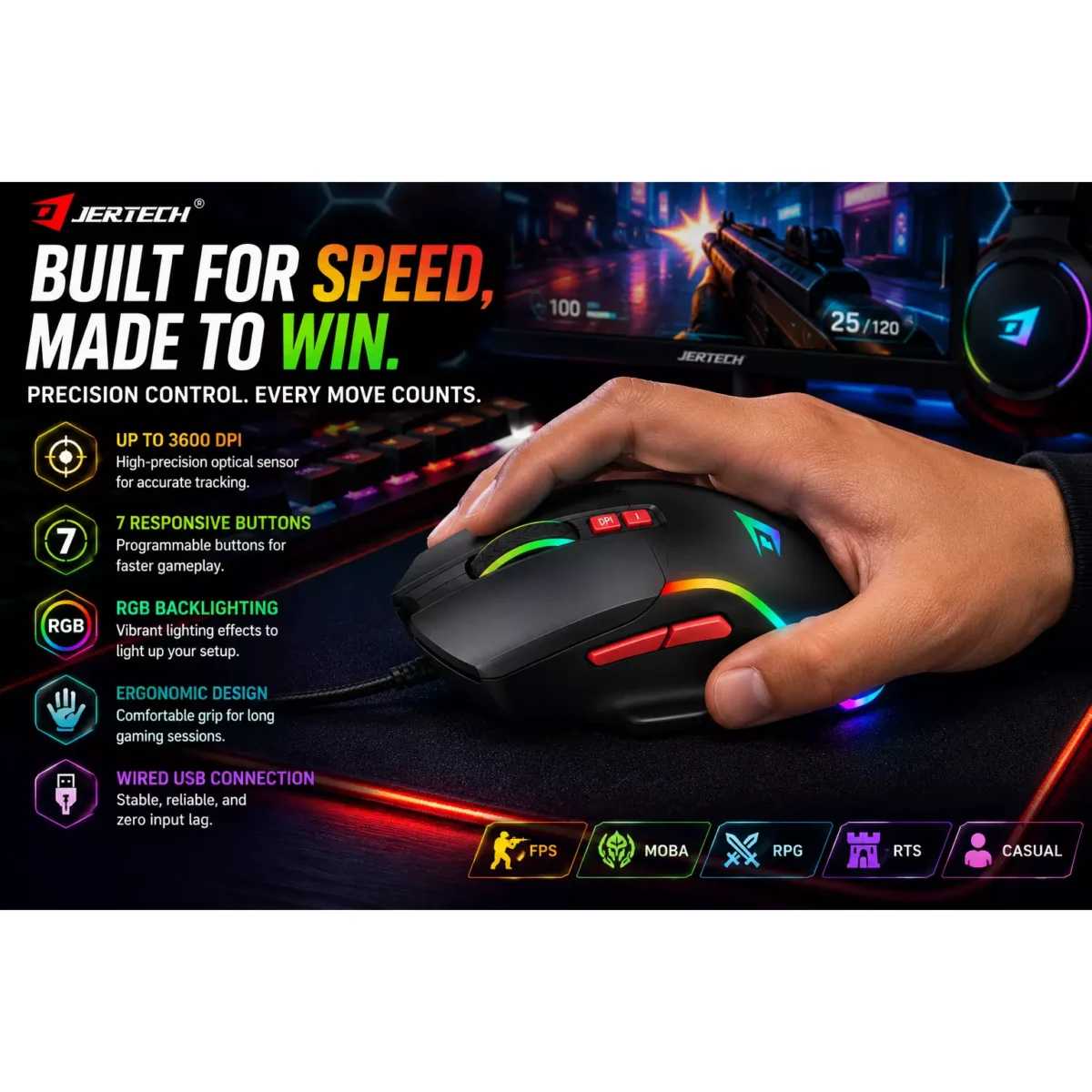 JERTECH JR850 PULSE RGB USB Wired Gaming Mouse 7 Buttons Adjustable 4800 DPI Black ماوس جيمنج ٤٨٠٠ دي بي آي و ٧ أزرار 6 JERTECH JR850 PULSE RGB USB Wired Gaming Mouse 7 Buttons Adjustable 4800 DPI Black ماوس جيمنج ٤٨٠٠ دي بي آي و ٧ أزرار - الصورة 6