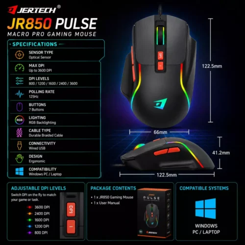 اشترِ ماوس الألعاب Jertech JR850 Pulse RGB بمصر. حساس 4800 DPI، و7 أزرار تحكم، وتصميم ارجونوميك مريح بأفضل سعر. اضمن دقة التصويب وسرعة الحركة!