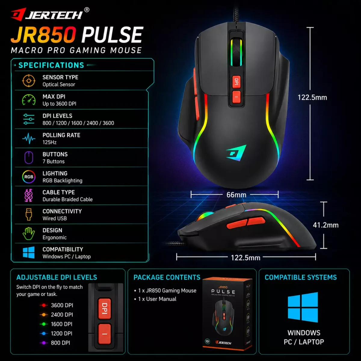 JERTECH JR850 PULSE RGB USB Wired Gaming Mouse 7 Buttons Adjustable 4800 DPI Black ماوس جيمنج ٤٨٠٠ دي بي آي و ٧ أزرار 5 اشترِ ماوس الألعاب Jertech JR850 Pulse RGB بمصر. حساس 4800 DPI، و7 أزرار تحكم، وتصميم ارجونوميك مريح بأفضل سعر. اضمن دقة التصويب وسرعة الحركة!
