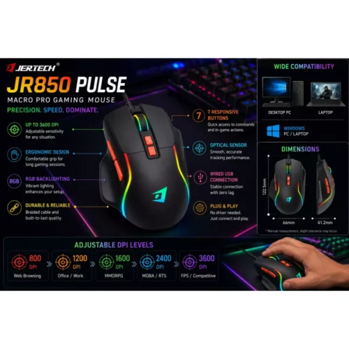 اشترِ ماوس الألعاب Jertech JR850 Pulse RGB بمصر. حساس 4800 DPI، و7 أزرار تحكم، وتصميم ارجونوميك مريح بأفضل سعر. اضمن دقة التصويب وسرعة الحركة!