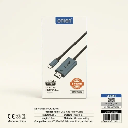 اشترِ كابل Onten ONT-UC952 تايب سي لـ HDMI بمصر. طول 1.8 متر، يدعم دقة 4K وميزة Screen Mirror للشاشات والمقذوفات بأفضل سعر. توصيل سريع!