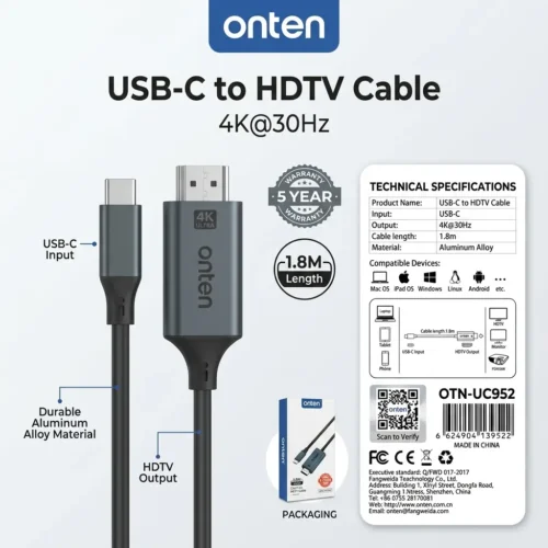 اشترِ كابل Onten ONT-UC952 تايب سي لـ HDMI بمصر. طول 1.8 متر، يدعم دقة 4K وميزة Screen Mirror للشاشات بأفضل سعر. توصيل سريع!