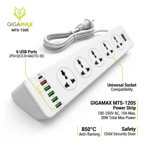 اشترِ مشترك كهرباء جيجا ماكس 10 عين MTS-1205 الذكي بمصر. و6 منافذ USB شحن سريع 30 واط للحماية القصوى لأجهزة الكمبيوتر والألعاب بأفضل سعر.