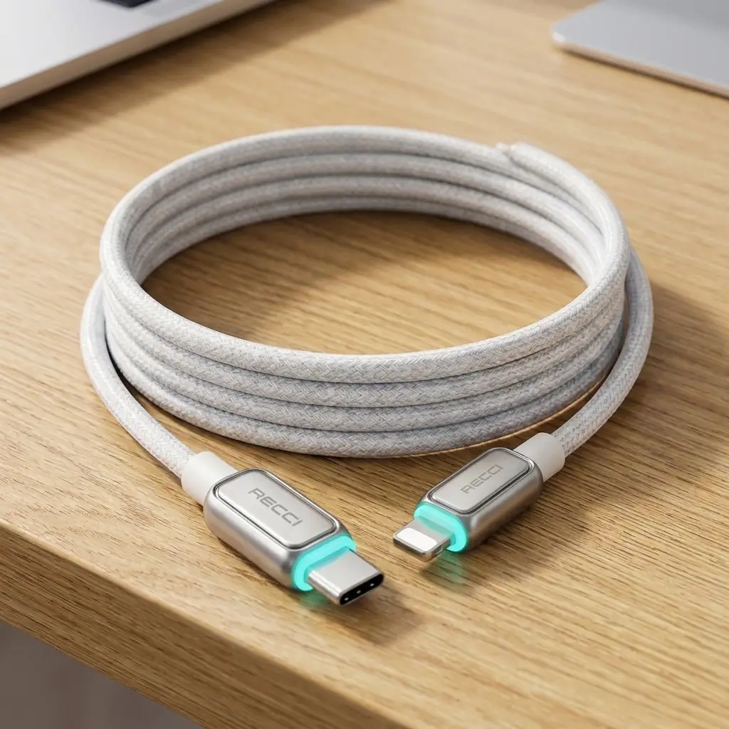 Recci RS42CL 30W Type-C to Lightning Fast Charging and Data iphone Cable Zinc Alloy & Braided Design 150cm White كابل شحن آيفون متر ونص تايب سي 4 اشترِ كابل شحن ايفون Recci RS42CL تايب سي لايتنينج بمصر. قوة 30 وات، تصميم مضفر شاق بطول 1.5 متر مع إضاءة ذكية. اضمن شحناً سريعاً واعتمادياً!