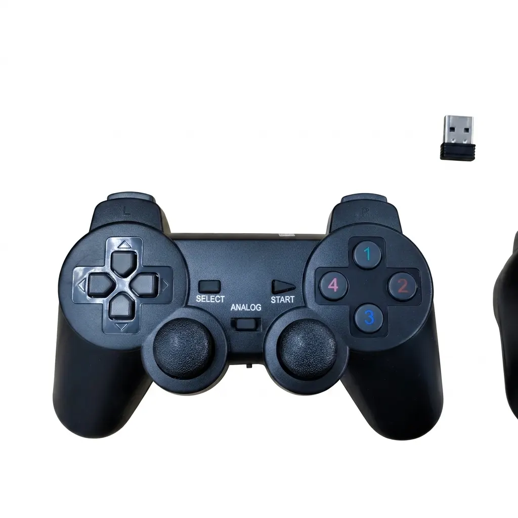 Wireless Gamepad/PlayStation Controller USB Twins battery AAA Powered دراع بلايستيشن وايرلس ببطارية توصيل يو اس بي 2 اشترِ دراع بلايستيشن وايرلس مزدوج للكمبيوتر ببطارية AAA بمصر. طقم ذراعات 2.4GHz بمستقبل USB واحد واهتزاز قوي بأفضل سعر من KCS Store.