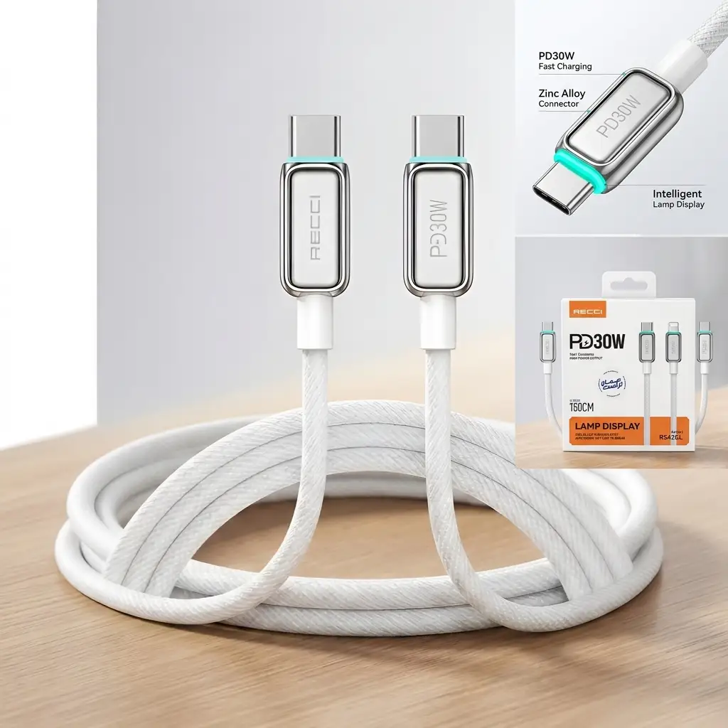 Recci RS42CL 30W Type-C to Lightning Fast Charging and Data iphone Cable Zinc Alloy & Braided Design 150cm White كابل شحن آيفون متر ونص تايب سي 1 اشترِ كابل شحن ايفون Recci RS42CL تايب سي لايتنينج بمصر. قوة 30 وات، تصميم مضفر شاق بطول 1.5 متر مع إضاءة ذكية. اضمن شحناً سريعاً واعتمادياً!