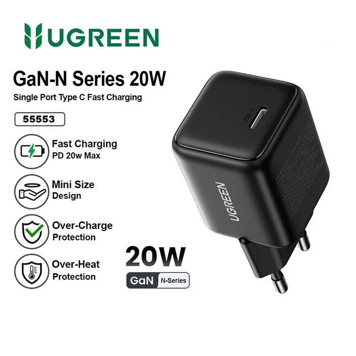 UGREEN X512 Charger USB-C GaN Fast 20W white شاحن بتقنية gan بقوة ٢٠ واط 6 اشترِ شاحن يوجرين UGREEN X512 GaN بقوة 20 واط بمصر. شاحن تايب سي مدمج مع كابل 1 متر لحماية بطارية الآيفون والأندرويد بأفضل سعر.