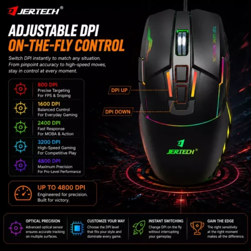 اشترِ ماوس الألعاب Jertech JR870 Shadow RGB بمصر. حساس 4800 DPI، إضاءة RGB، وتصميم مريح لليد بأفضل سعر. اضمن دقة التحكم في ألعابك!