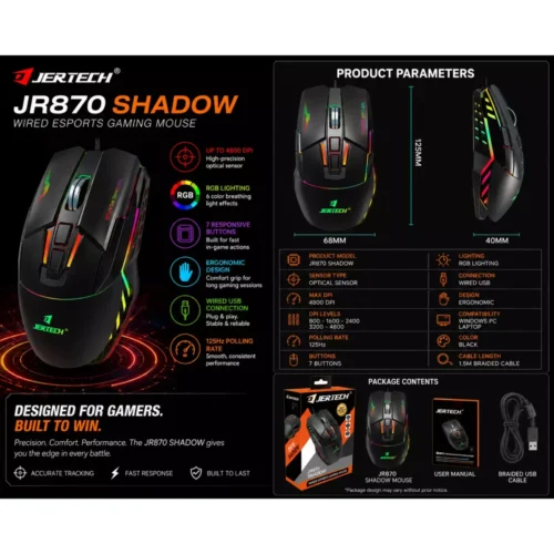 اشترِ ماوس الألعاب Jertech JR870 Shadow RGB بمصر. حساس 4800 DPI، إضاءة RGB، وتصميم مريح لليد بأفضل سعر. اضمن دقة التحكم في ألعابك!