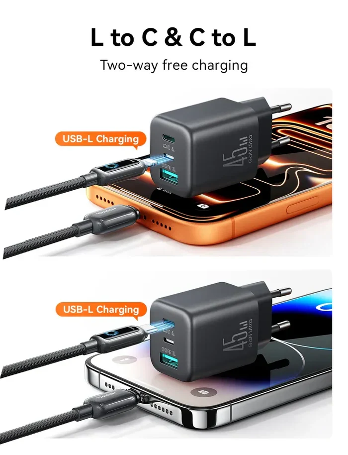 Joyroom JR-T01 Fast Charger 45W GaN with 2 USB-C & 1 USB-A Ports شاحن ٤٥ واط بثلاث منافذ بتقنية GaN 4 اشترِ شاحن Joyroom JR-T01 GaN بقوة 45 واط بمصر. 3 منافذ ذكية شحن سريع وآمن للآيفون والأندرويد بأفضل سعر. اطلبه الآن!