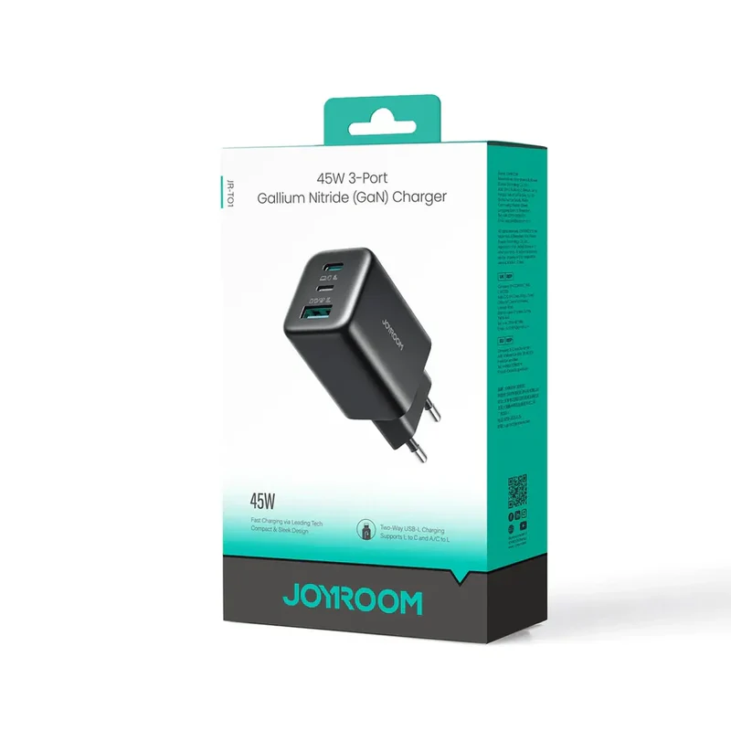 Joyroom JR-T01 Fast Charger 45W GaN with 2 USB-C & 1 USB-A Ports شاحن ٤٥ واط بثلاث منافذ بتقنية GaN 2 اشترِ شاحن Joyroom JR-T01 GaN بقوة 45 واط بمصر. 3 منافذ ذكية شحن سريع وآمن للآيفون والأندرويد بأفضل سعر. اطلبه الآن!