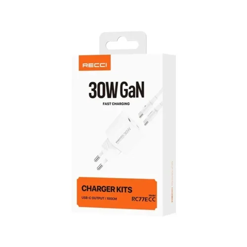 اشترِ طقم شاحن Recci RC77ECC GaN 30W بمصر. رأس شاحن سريع وكابل Type-C بطول 1 متر بأفضل سعر. حماية ذكية وحجم صغير جداً!
