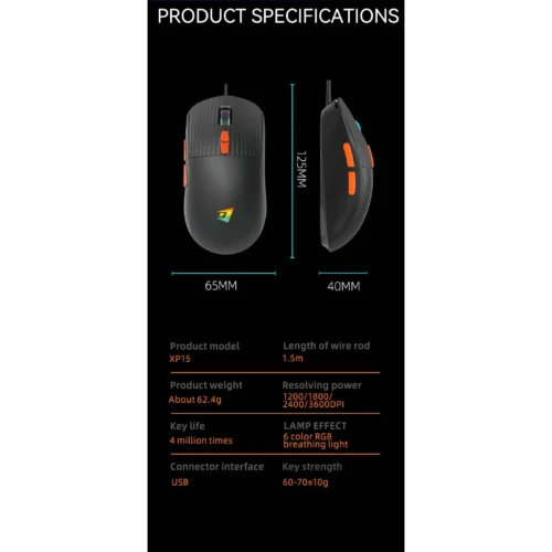 اشترِ ماوس الألعاب Jertech XP15 بمصر. وزن خفيف 62.4 جرام، حساس 3600 DPI، وإضاءة RGB بتصميم النمر بأفضل سعر. اضمن سرعة رد الفعل!