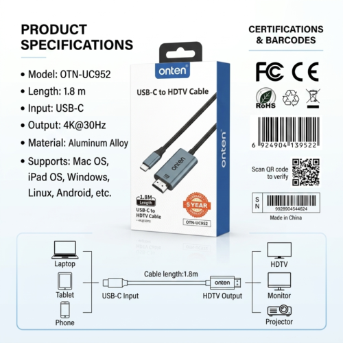 اشترِ كابل Onten ONT-UC952 تايب سي لـ HDMI بمصر. طول 1.8 متر، يدعم دقة 4K وميزة Screen Mirror للشاشات والمقذوفات بأفضل سعر. توصيل سريع!
