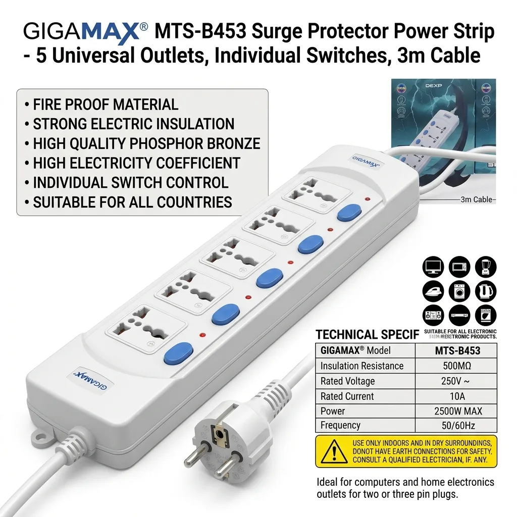 Gigamax MTS-B453 5 Plug Point Power Strip with 5 Keys 3 Meters Wire مشترك جيجا ماكس 5 عين 3 متر 5 مفتاح 3 اشترِ مشترك كهرباء جيجامكس GigaMax MTS-B453 بـ 5 منافذ و5 مفاتيح بمصر. كابل 3 متر، خامات مقاومة للحريق وقدرة 2500W بأفضل سعر من KCS Store.