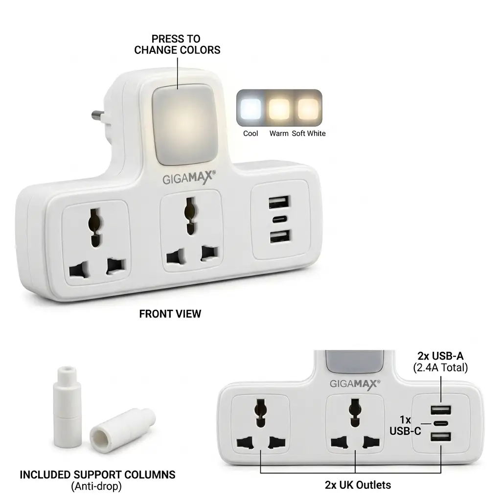 GIGAMAX 136U Smart Power Strip With LED Ambient 3 levels Lights / 2 sockets / 2 USB 1 / USB-C مشترك كهرباء ذكي منفذين ثلاثي و منفذين يو اس بي و منفذ تايب سي 7 اشترِ مشترك GIGAMAX MTS-G136U الذكي بمصر. منفذين كهرباء، 3 منافذ شحن (USB + Type-C)، وإضاءة ليلية LED بـ 3 مستويات. أمان كامل بأفضل سعر!