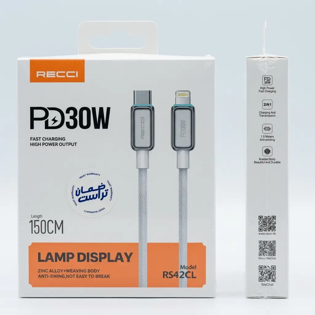 Recci RS42CL 30W Type-C to Lightning Fast Charging and Data iphone Cable Zinc Alloy & Braided Design 150cm White كابل شحن آيفون متر ونص تايب سي 2 اشترِ كابل شحن ايفون Recci RS42CL تايب سي لايتنينج بمصر. قوة 30 وات، تصميم مضفر شاق بطول 1.5 متر مع إضاءة ذكية. اضمن شحناً سريعاً واعتمادياً!