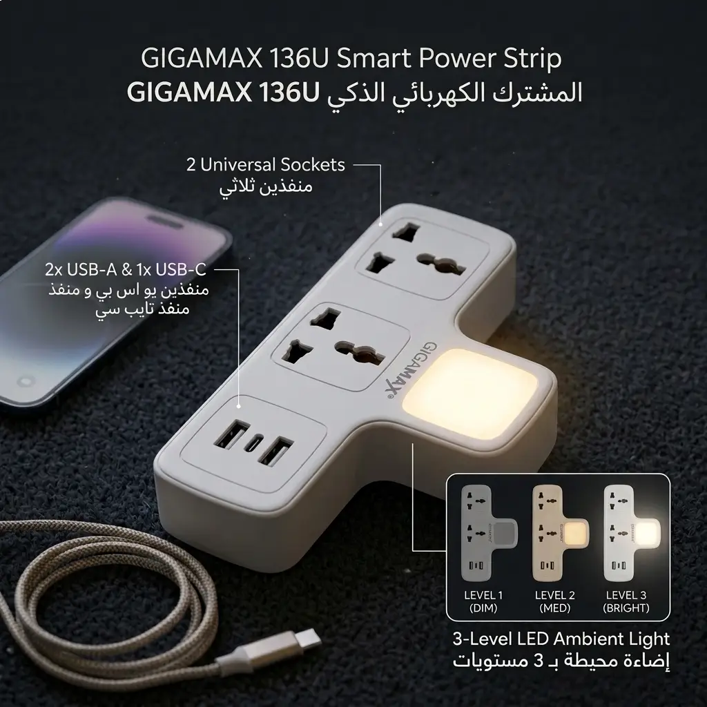 GIGAMAX 136U Smart Power Strip With LED Ambient 3 levels Lights / 2 sockets / 2 USB 1 / USB-C مشترك كهرباء ذكي منفذين ثلاثي و منفذين يو اس بي و منفذ تايب سي 1 اشترِ مشترك كهرباء ذكي GIGAMAX MTS-G136U الذكي بمصر. منفذين كهرباء، 3 منافذ شحن (USB + Type-C)، وإضاءة ليلية LED بـ 3 مستويات. أمان كامل بأفضل سعر!