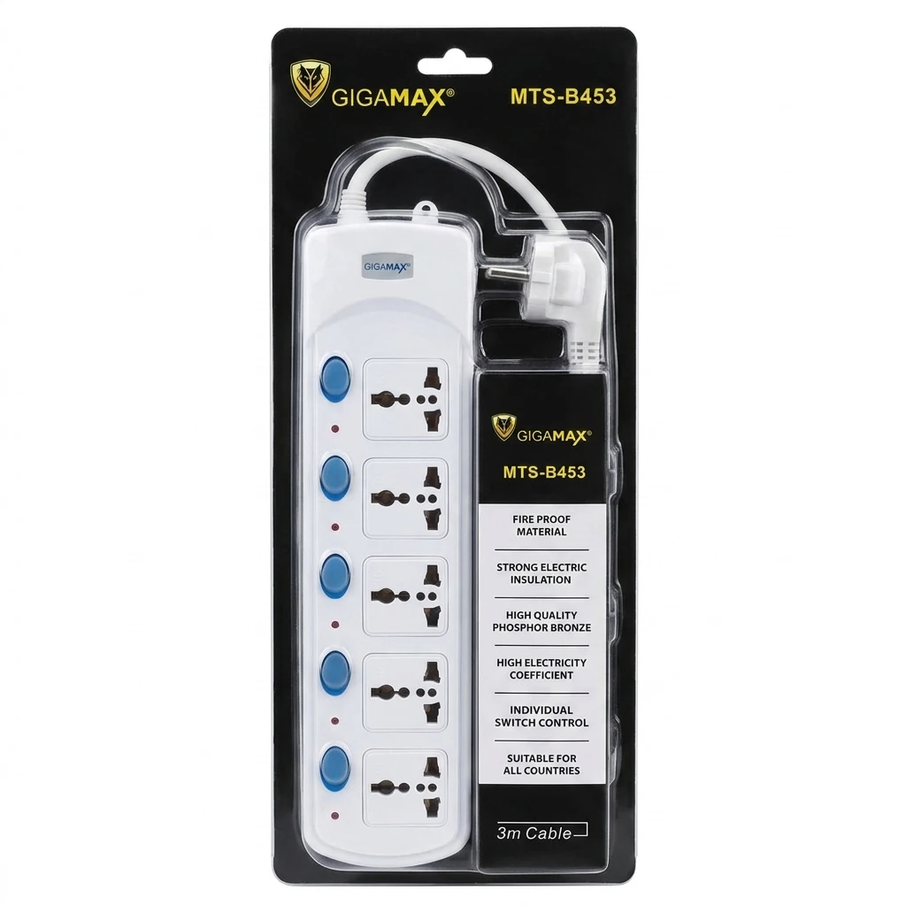 Gigamax MTS-B453 5 Plug Point Power Strip with 5 Keys 3 Meters Wire مشترك جيجا ماكس 5 عين 3 متر 5 مفتاح 2 اشترِ مشترك كهرباء جيجامكس GigaMax MTS-B453 بـ 5 منافذ و5 مفاتيح بمصر. كابل 3 متر، خامات مقاومة للحريق وقدرة 2500W بأفضل سعر من KCS Store.